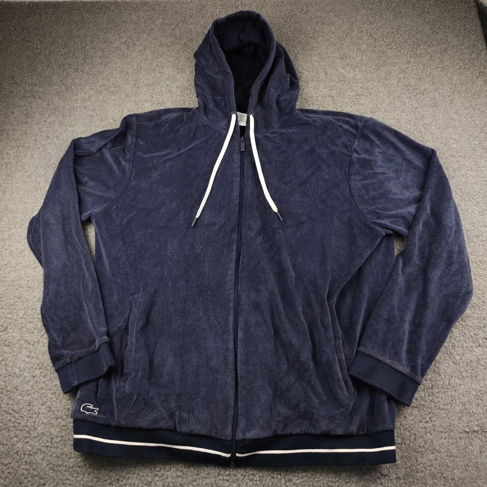 Lacoste Hoodie Mens 2XL XXL Loungewear Navy Blue Terry Cloth Full Zip Terry EUC